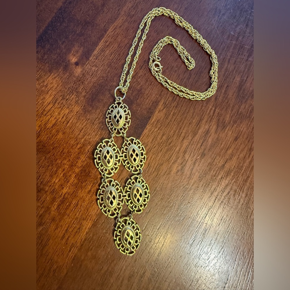 Ultra Long 4 tier Chandelier Gold Plates Medallion Necklace Art deco 1970s